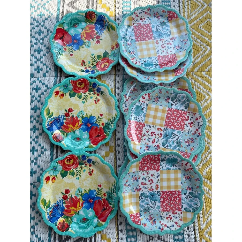 Pioneer Woman Melamine Salad Plate Set 9in Floral Patchwork Scalloped Teal 10pc
